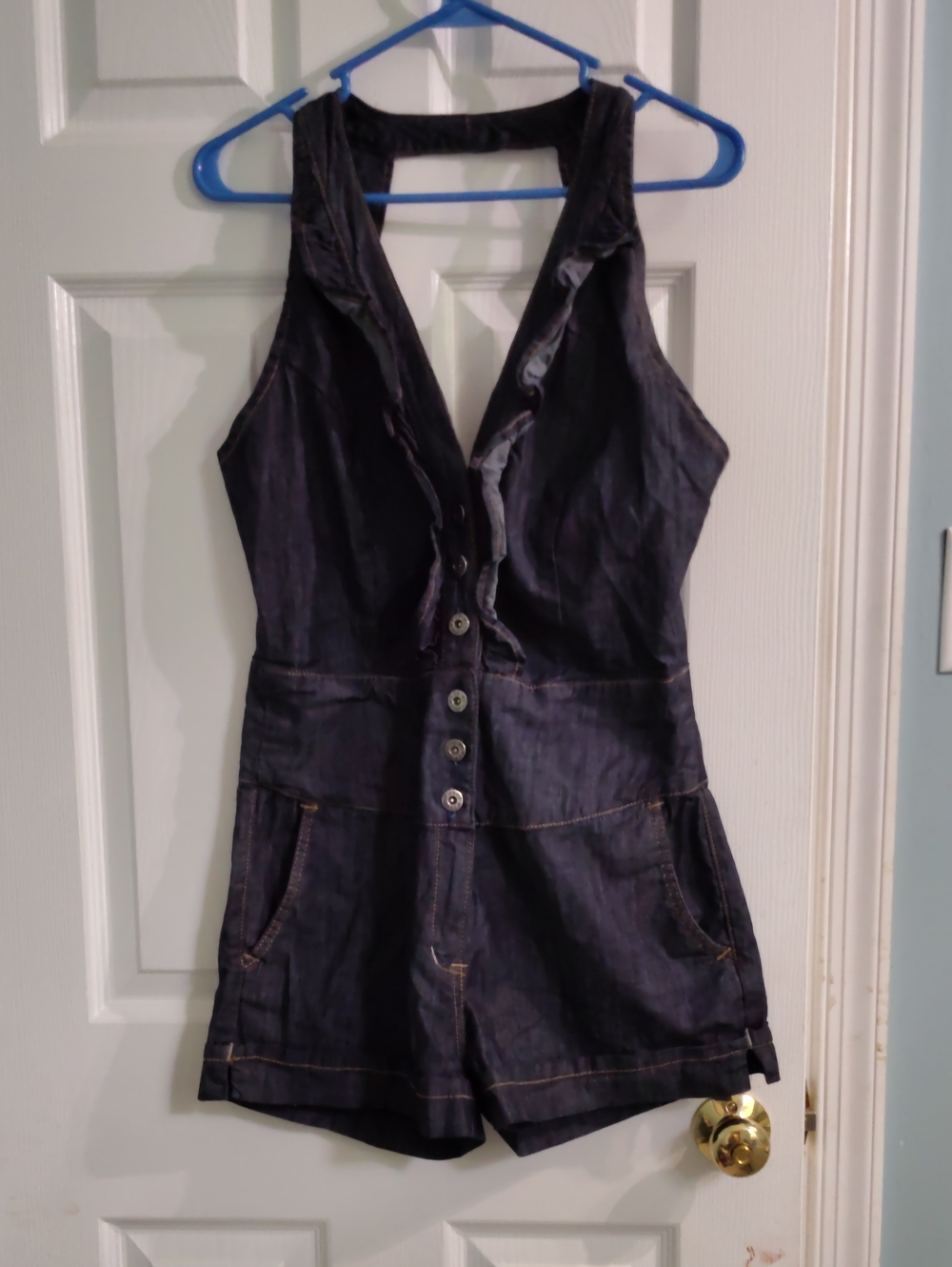 Vintage Dark Blue Denim Button-Front One-Piece Romper, Size Juniors 5